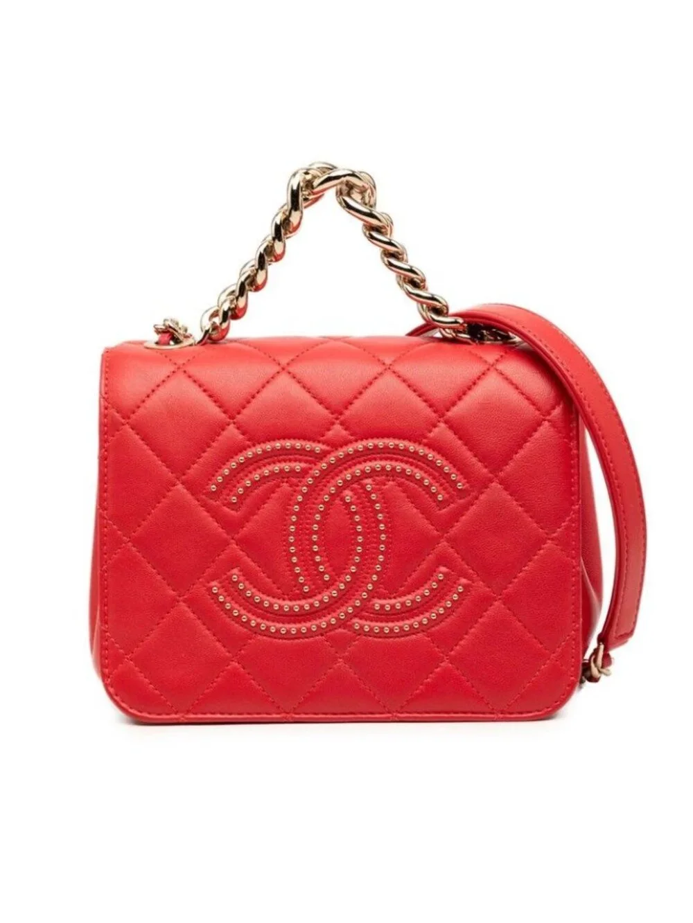Chanel Quilted CC Logo Studs Chain Shoulder Bag Red Lambskin